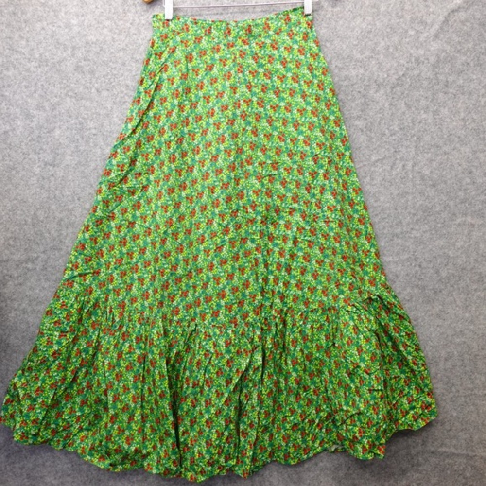 Vintage Floral Maxi Skirt Womens XS Green Ditsy Garden Tiered Boho Cottage 70s